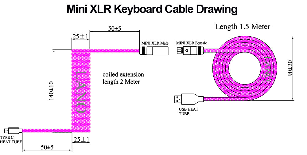 USB C Paracord Keyboard Coiling Cable with Mini XLR Aviation X3