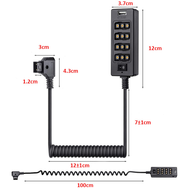 D-Tap Male to V-Mount Battery Male 4-Port Female and USB Plug with Switch Nylon or Coiled Cable Black Color