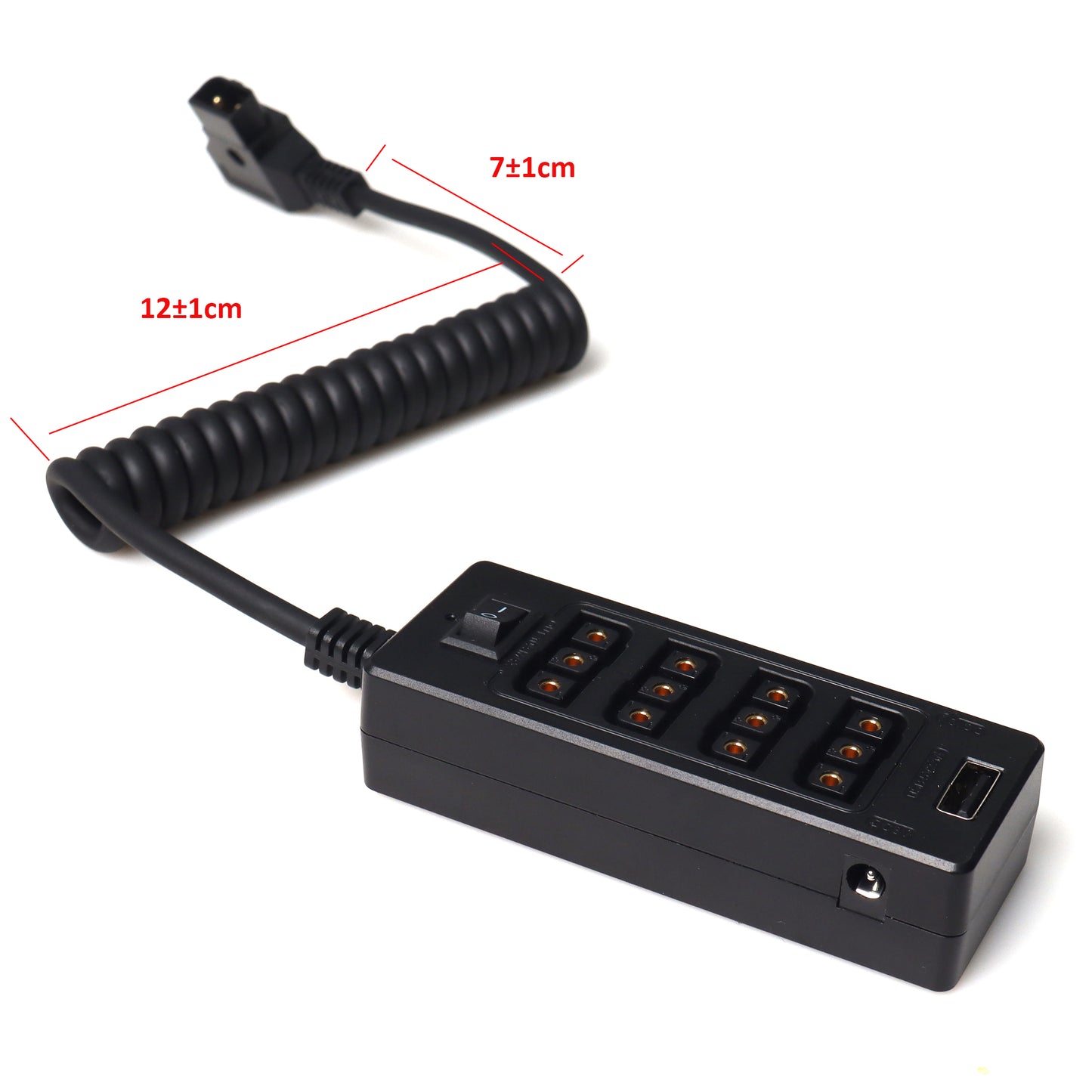 D-Tap Male to V-Mount Battery Male 4-Port Female and USB Plug with Switch Nylon or Coiled Cable Black Color