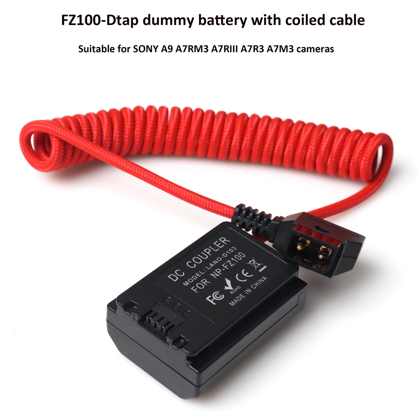 Coiled Nylon Cable for NP-FZ100 or SONY NP-F550 D-Tap Male to DC Coupler Dummy Battery