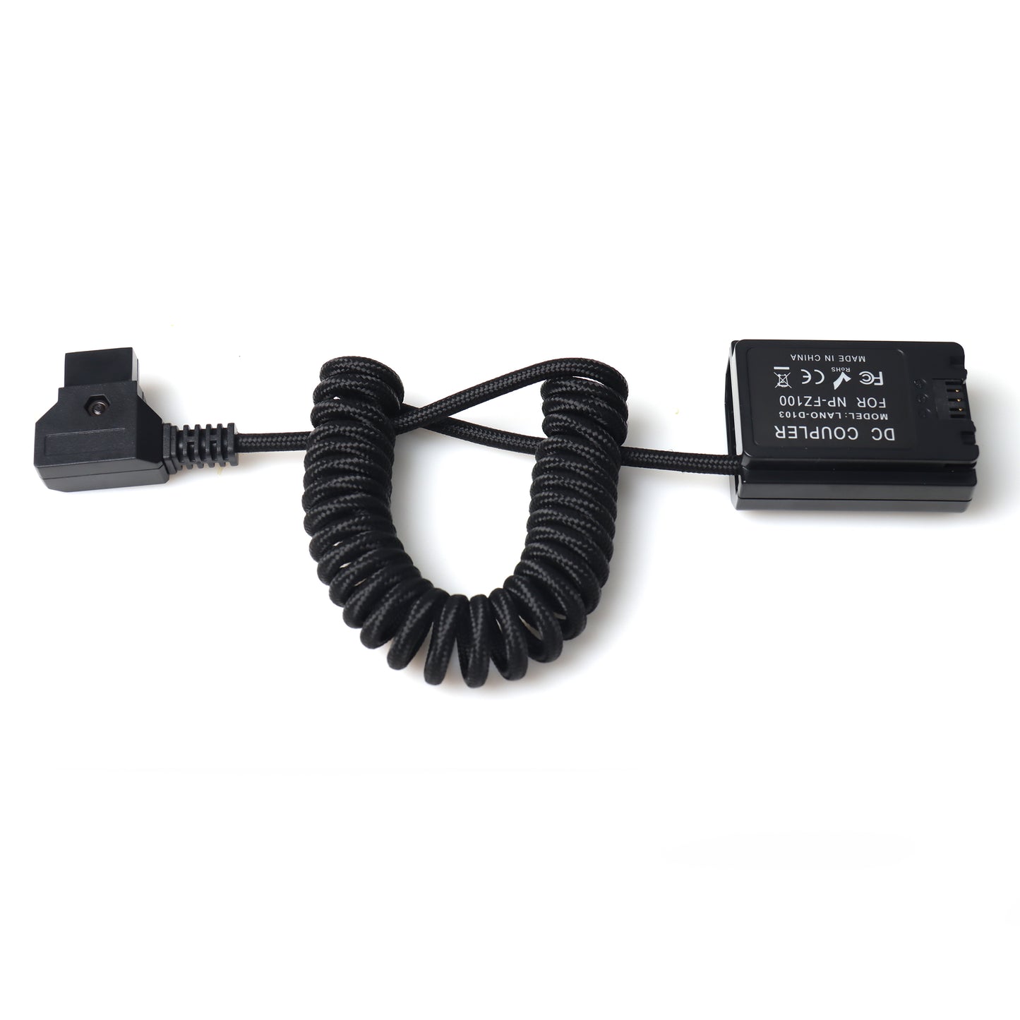 Coiled Nylon Cable for NP-FZ100 or SONY NP-F550 D-Tap Male to DC Coupler Dummy Battery