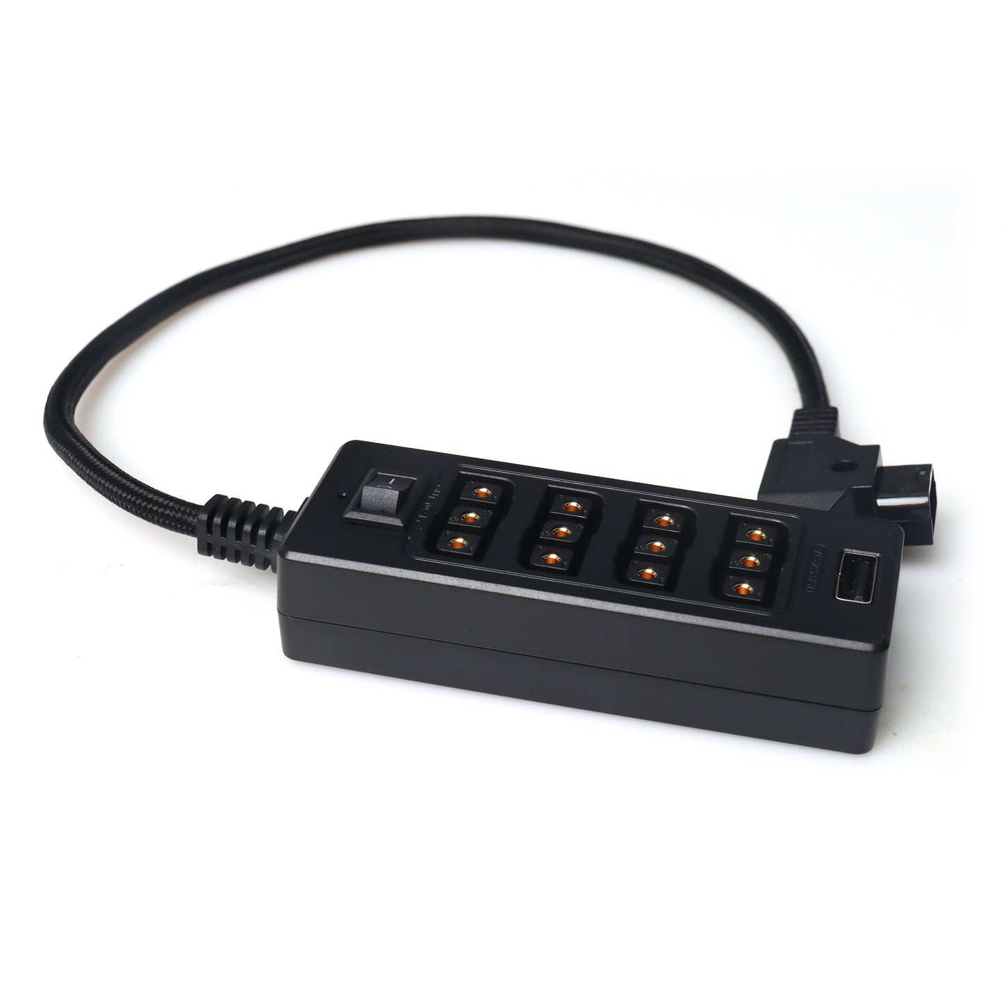 D-Tap Male to V-Mount Battery Male 4-Port Female and USB Plug with Switch Nylon or Coiled Cable Black Color