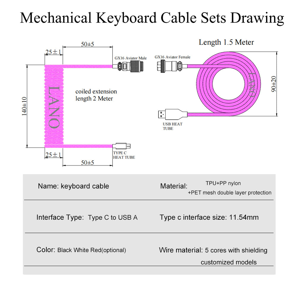 D5 Coiled Cable Type C Mechanical Keyboard Wire with Aviation Connector