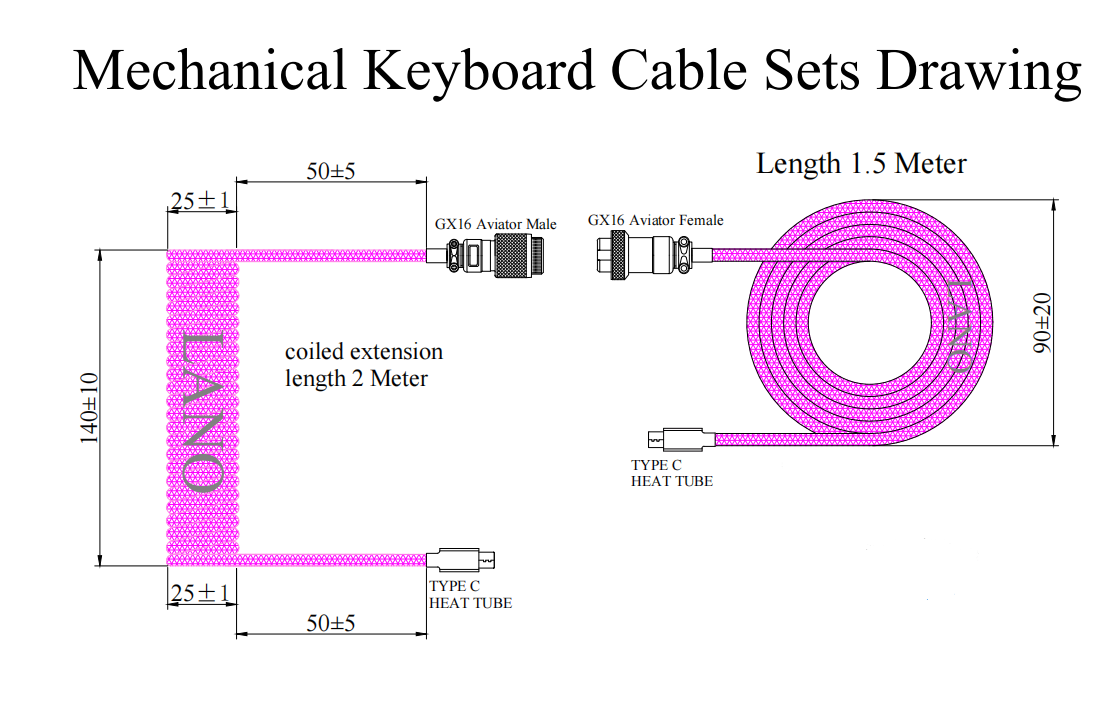 Cable Coiled Keyboard Type C Interface Aviator Connector 2C7